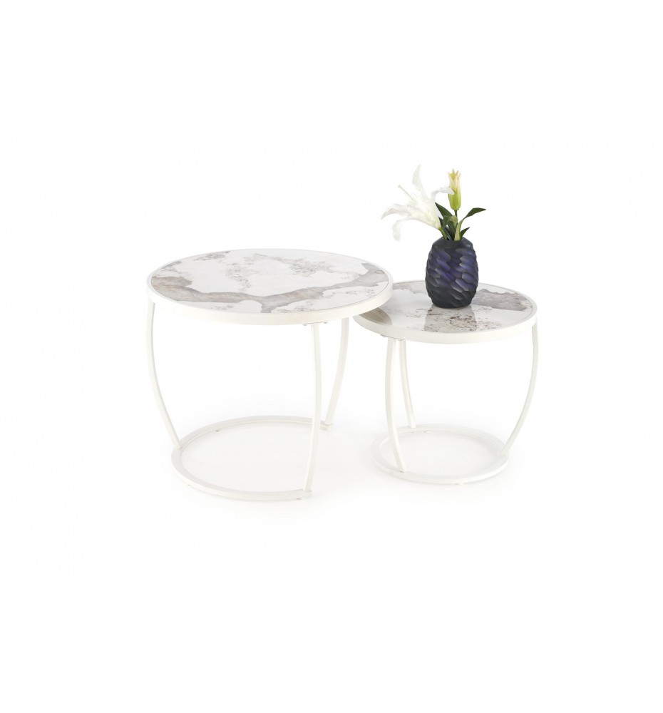 INES set of two coffee tables, beige marble / white