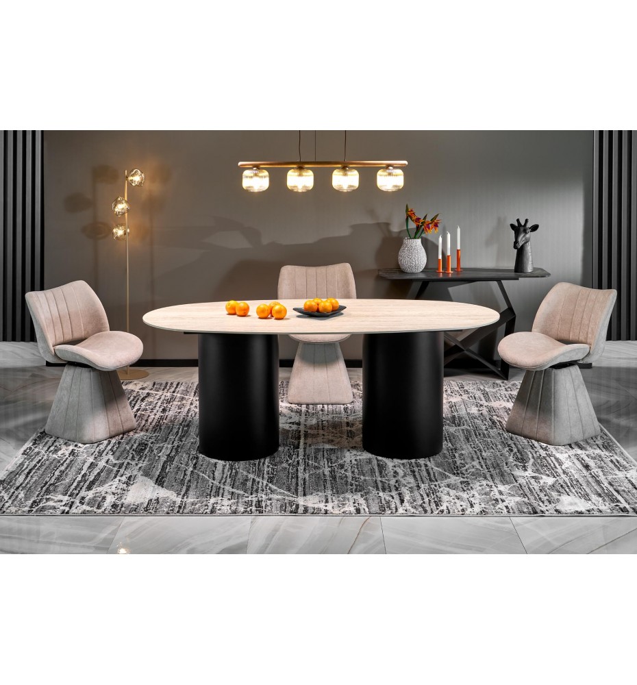 JULIUS oval table, light travertine / black