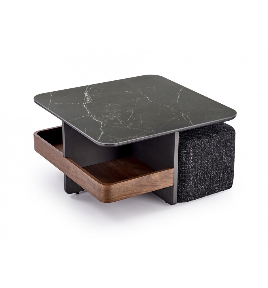 VICKER coffee table with pouffes, table top: black marble, frame: black / walnut, pouffe: d.grey