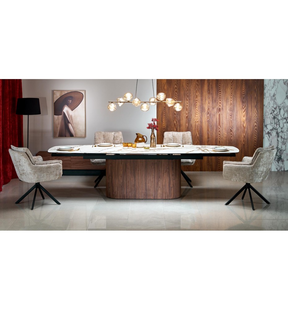FLAVOR extension table, white marble / walnut